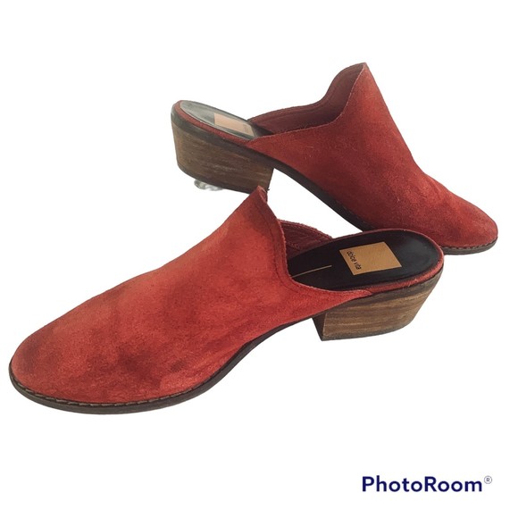 Dolce Vita Saige Red Suede Mules Block Heel Sz 7.5 Pointed Closed Toe - Picture 2 of 9